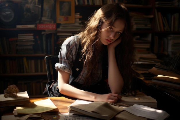 une fille est assise à un bureau avec un livre à la main.