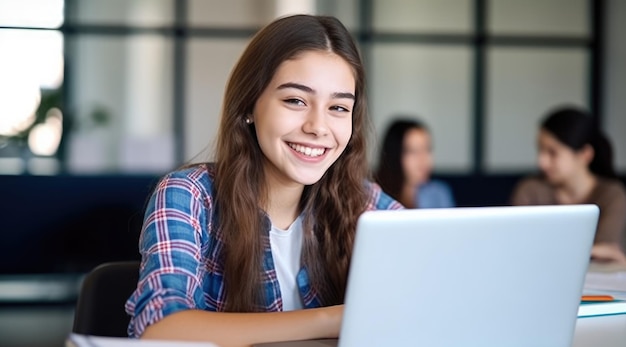 Une fille est assise dans une bibliothèque et sourit à la caméra.