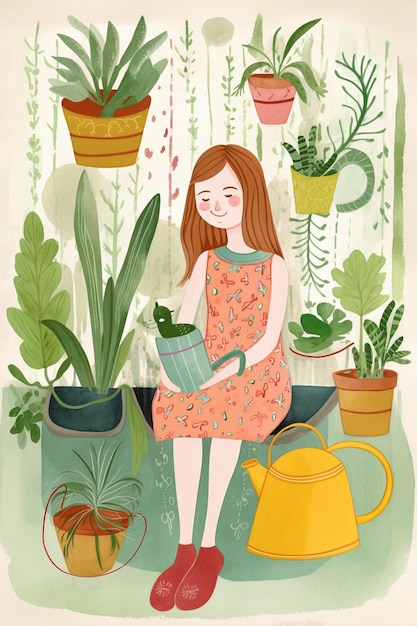 Une fille est assise dans un jardin avec un arrosoir et un pot de fleurs à droite.