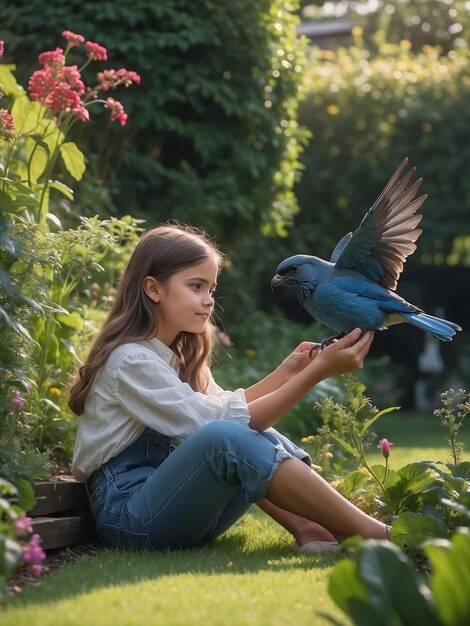 Une fille est assise dans le jardin avec un oiseau dans sa main