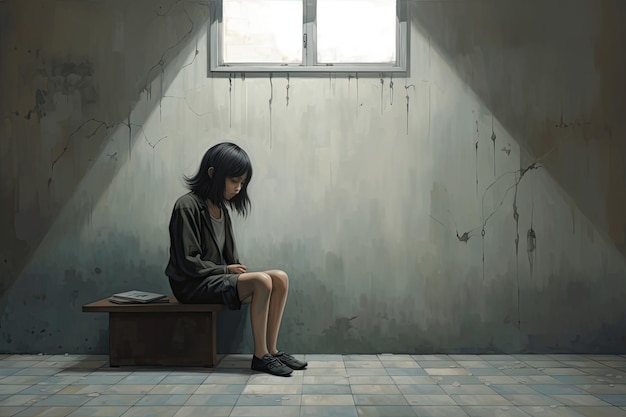 Une fille est assise dans une pièce sombre avec une fenêtre