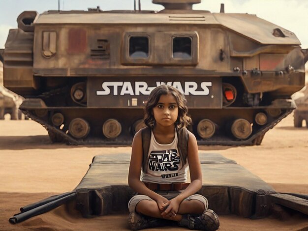 Une fille est assise devant un char qui dit "Star Wars" dessus.