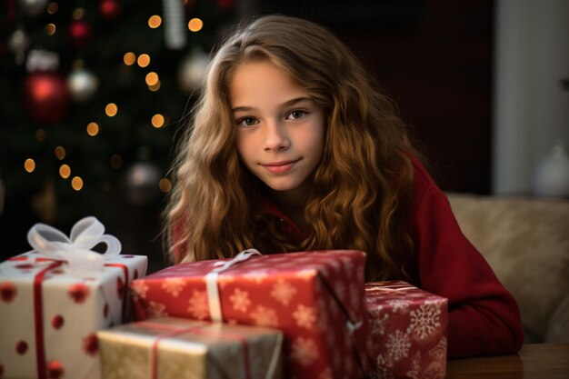 Une fille est assise devant une pile de cadeaux.