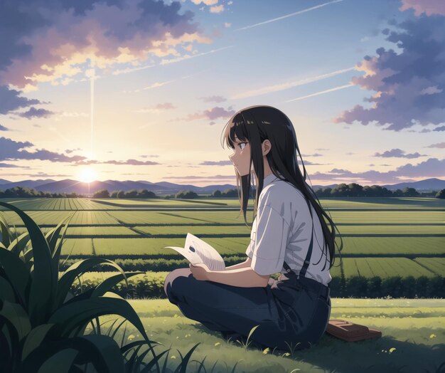 Une fille est assise sur l'herbe et lit un livre devant un coucher de soleil.