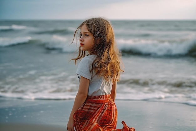 Une fille est assise sur une plage face à la mer.