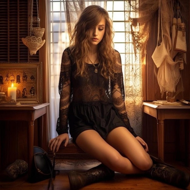 Une fille est assise sur un plancher en bois devant une fenêtre avec un rideau et une photo d'une fenêtre avec une lampe derrière elle.