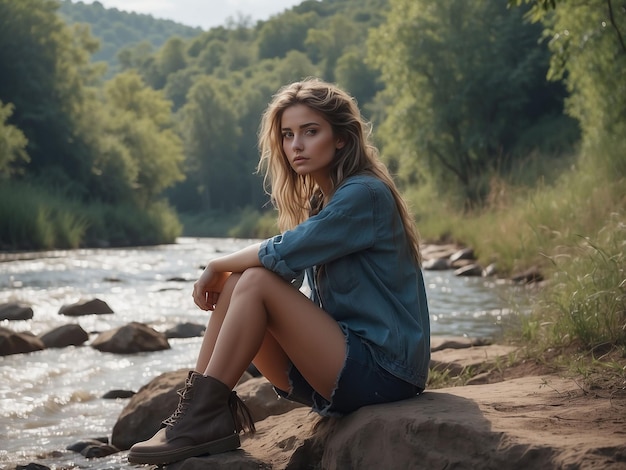 Une fille est assise sur la rive d'une rivière