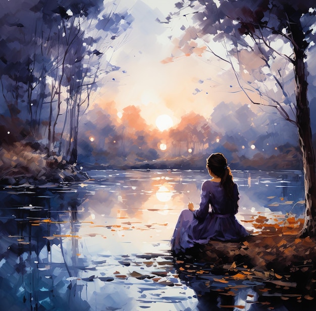 une fille est assise sur un rocher dans la rivière au coucher du soleil