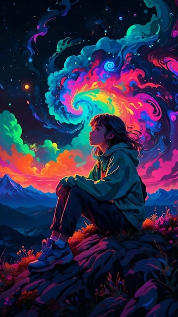une fille est assise sur un rocher devant un ciel coloré