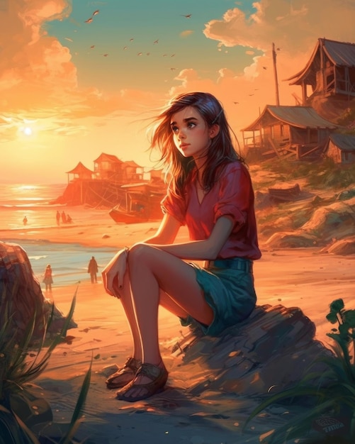 Une fille est assise sur un rocher devant un coucher de soleil