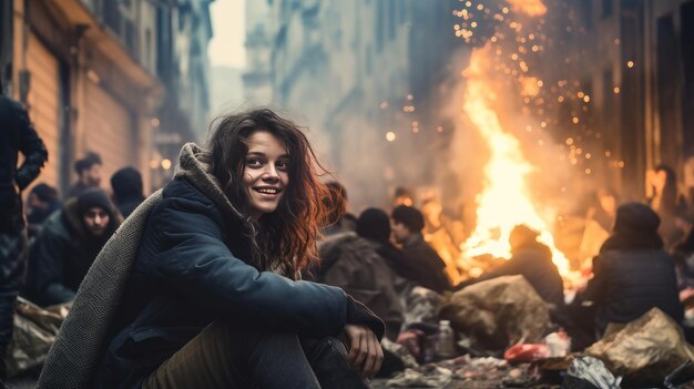 Une fille est assise sur le sol parmi les rues de la ville entourée d'autres personnes pauvreté de Noël