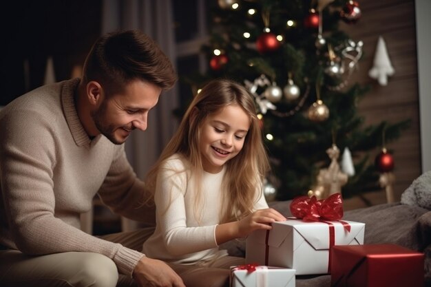 La fille est assise avec son père en train d'ouvrir une boîte à cadeaux alors qu'elle est assise à côté de l'arbre de Noël