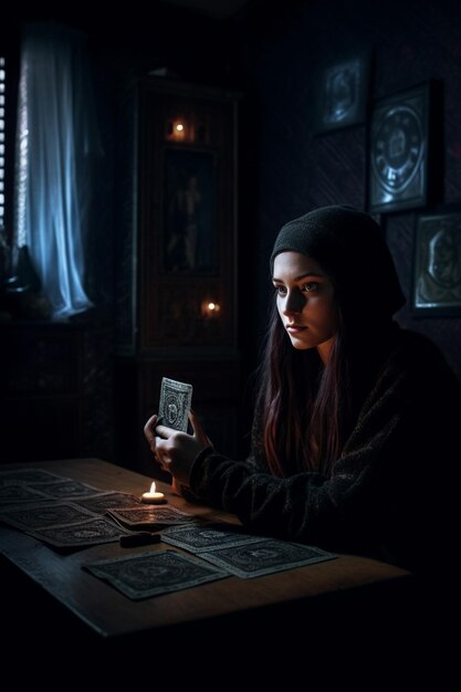 Photo une fille est assise à une table dans une pièce sombre avec une carte à la main.