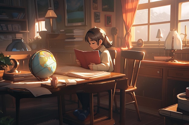 Une fille est assise à une table devant un globe et lit un livre.