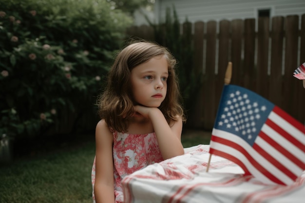 Une fille est assise à une table avec un drapeau américain dessus.