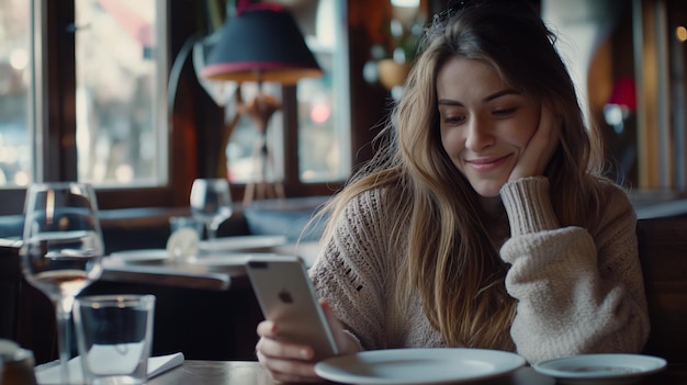 une fille est assise à une table avec un téléphone et une tasse de café