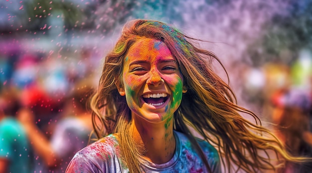 Une fille est couverte de couleurs holi