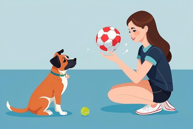 Photo la fille est engagée dans l'entraînement de son animal de compagnie jouant à la balle avec un chien prendre soin et s'occuper d'un chiot illustration vectorielle