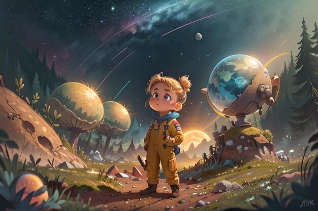 La fille est extrêmement seule et désespérée dans le fond d'écran de dessin animé de la planète désolée