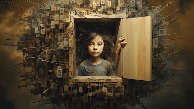 une fille est à l'intérieur d'une boîte avec une photo d'une fille dedans