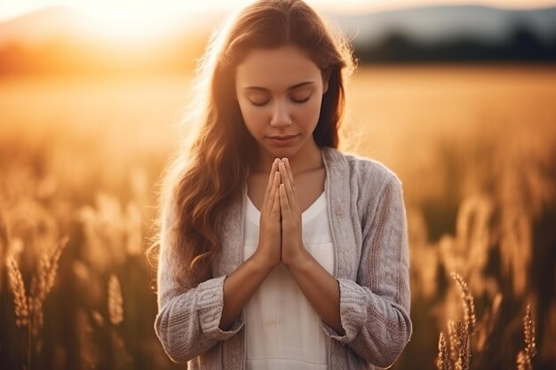 une fille est vue avec les yeux fermés prier dans un champ pendant un coucher de soleil à couper le souffle