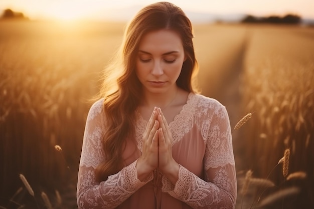 une fille est vue avec les yeux fermés prier dans un champ pendant un coucher de soleil à couper le souffle