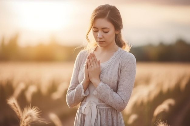 une fille est vue avec les yeux fermés prier dans un champ pendant un coucher de soleil à couper le souffle
