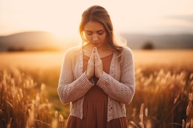 une fille est vue avec les yeux fermés prier dans un champ pendant un coucher de soleil à couper le souffle