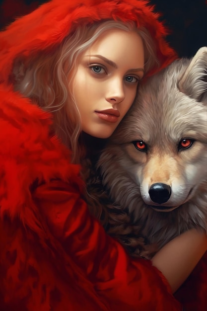 Fille étreignant un loup aux yeux rouges