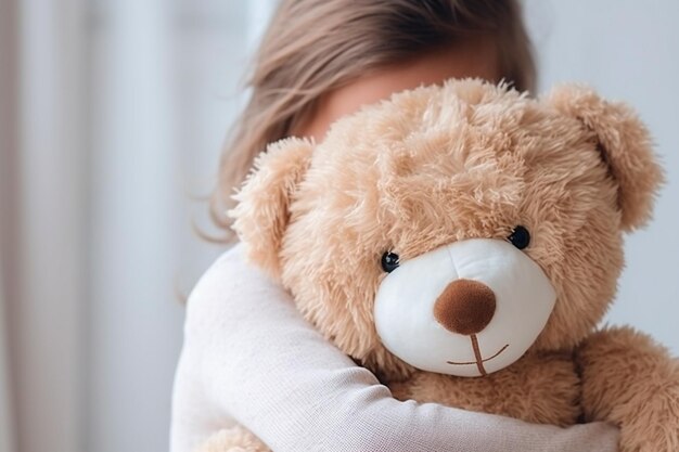 Une fille étreignant son ours en peluche se cachant avec un sourire timide et affectueux