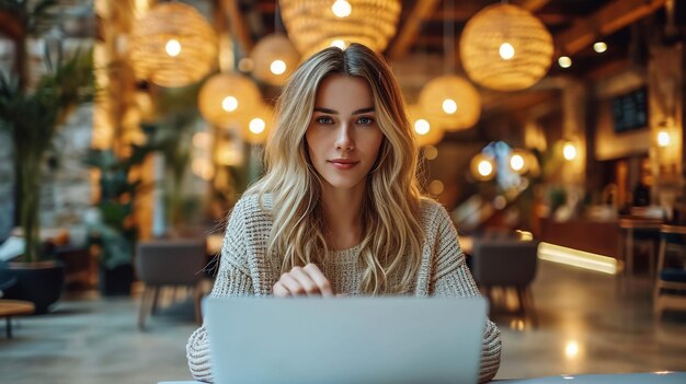 Fille européenne élégante avec de beaux yeux marron touchant le menton avec les doigts et souriant doucement Closeup portrait de jeune femme branchée en lunettes et pull tricoté posant dans une chambre jaune