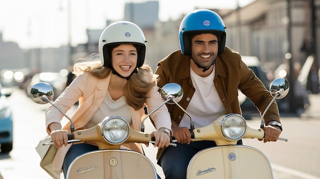 Photo une fille européenne, un homme indien, un scooter et un sourire.