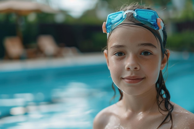 Une fille européenne portant des lunettes de natation sur la tête avec un fond de piscine