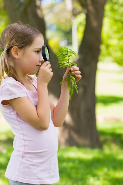 Fille examinant les feuilles avec une loupe au parc