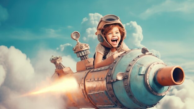Une fille excitée volant la fusée au-dessus des nuages dans le ciel Weber d'image d'IA générative