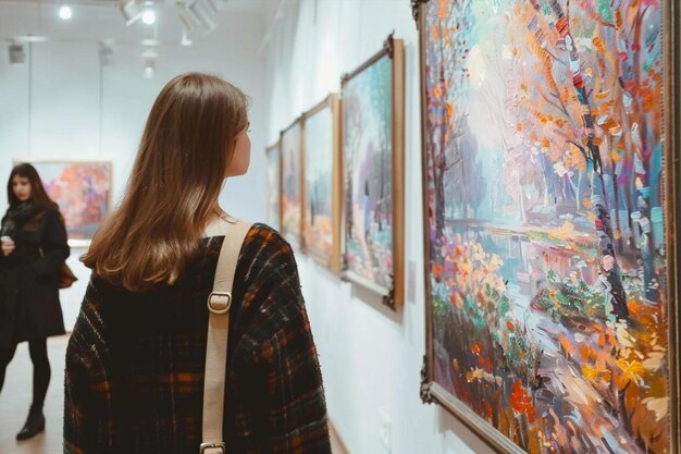 Une fille à une exposition de peinture dans une galerie regarde une belle peinture