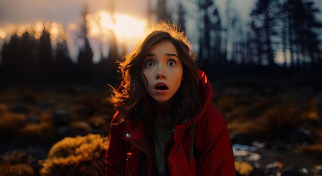 Photo une fille avec une expression surprise regarde le ciel