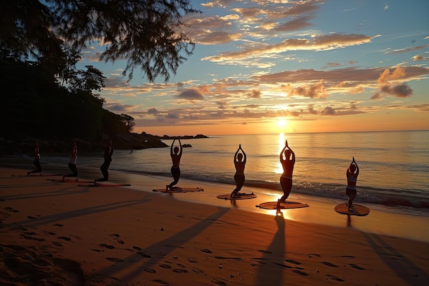Une fille faisant du yoga sur la plage au lever du soleil