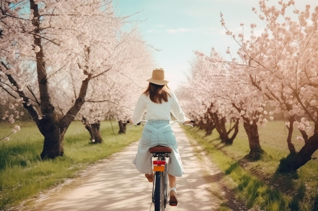 Fille fait du vélo dans le parc de sakura Illustration AI Generative