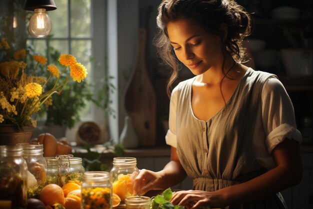 La fille fait de la nourriture dans sa cuisine.