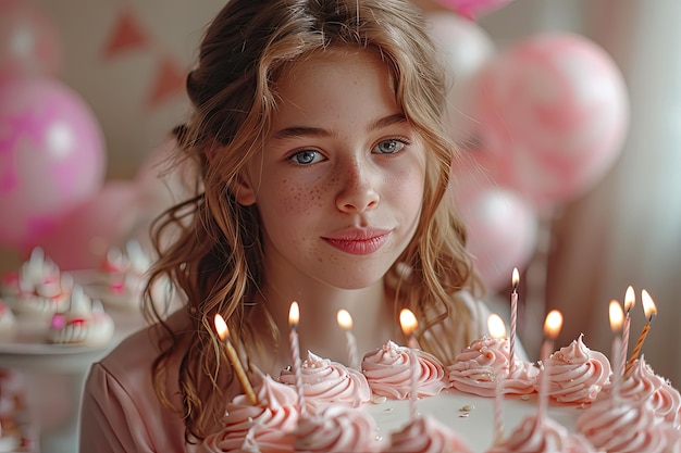 Photo une fille fait un vœu avant de souffler des bougies sur son gâteau à fond couleur solide 4k ultra hd