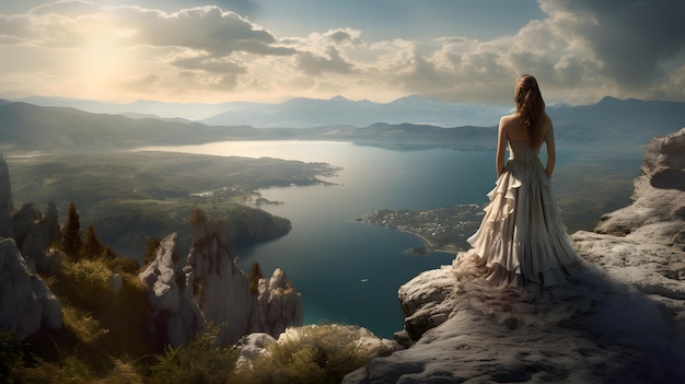 fille sur une falaise avec un immense lac en arrière-plan