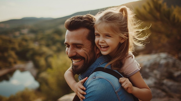 Fille de famille heureuse embrassant papa et rire