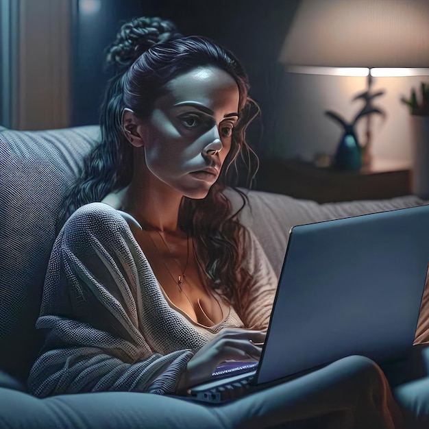 Une fille fatiguée dans la lumière du soir est assise sur le canapé avec un ordinateur portable sur ses genoux