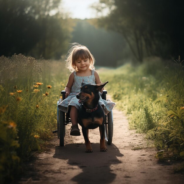 Une fille en fauteuil roulant avec un chien apprend à monter sur un pré 2generative ai