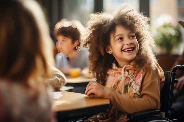 Une fille en fauteuil roulant est assise dans la cafétéria d'une école avec ses amis et discute joyeusement