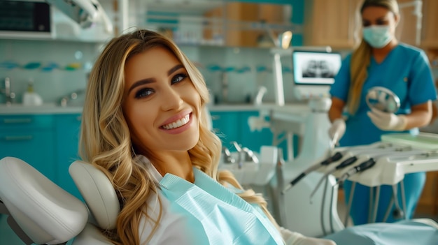 Photo une fille ou une femme souriante assise dans un fauteuil de clinique dentaire pendant qu'un dentiste vérifie leurs dents