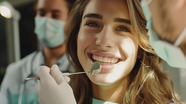 Photo une fille ou une femme souriante assise dans un fauteuil de clinique dentaire pendant qu'un dentiste vérifie leurs dents