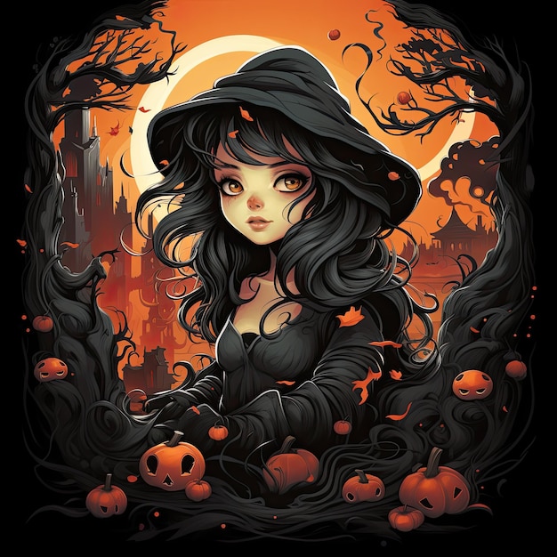 fille femme tshirt design vecteur clipart halloween effrayant personnage illustration tatouage effrayant