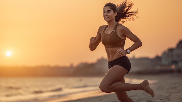 Une fille de fitness heureuse de 20 ans courant sur une plage avec l'IA générative